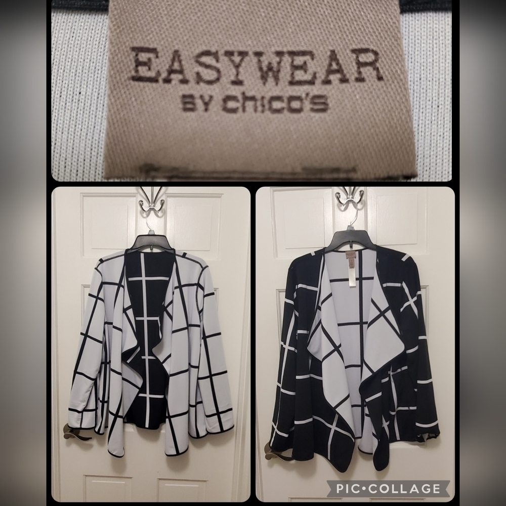 Chico's Easy Wear Reversible Plaid Open Front Cascading Neckline Cardy 3=14/16